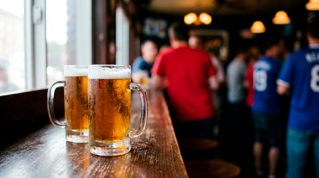 Two frosty beer mugs on a pub bar with blurred soccer supporters in the background