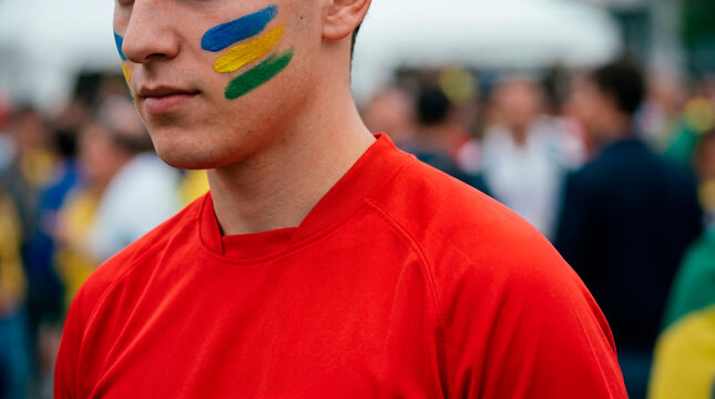 Young male soccer fan with colorful face paint standing in an outdoor crowd of supporters