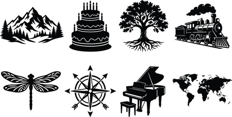 Versatile black and white vector graphics set featuring mountains cake tree locomotive dragonfly compass piano and world map © MdHasmot