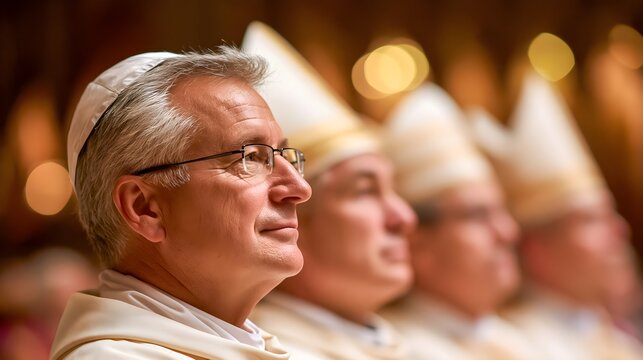 Catholic bishops in white mitres gathered for a cathedral synod