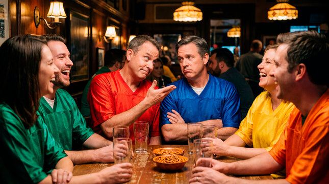 Friends in team jerseys joking at a pub table while one skeptical fan reacts to a bet