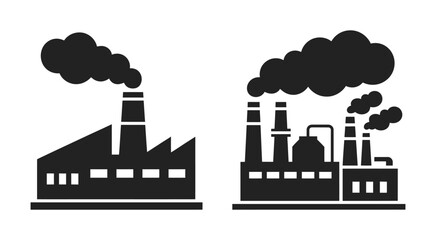 Obraz premium Industrial, Factory Buildings Silhouette Featuring Smokestacks, Pollution Emissions, Manufacturing Facilities, Industrial Architecture, Environmental Impact, Black and White Background, and Vector Des