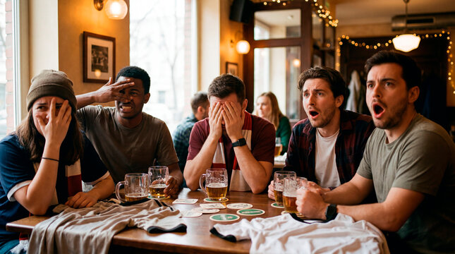Group of friends covering their faces in disappointment while watching football in a pub