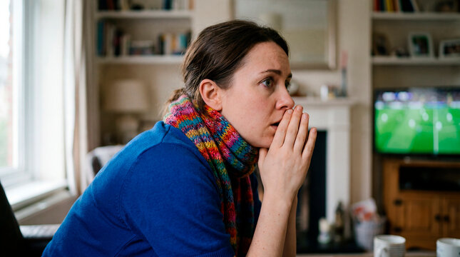 Anxious woman in a blue top watching a tense soccer match on television at home