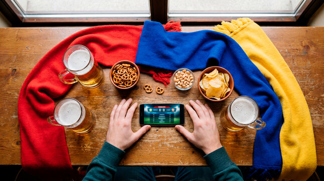 Overhead view of hands beer scarves and a phone on a wooden table during a soccer match