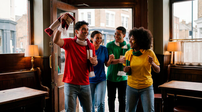 Diverse friends in colorful jerseys celebrating as they enter a pub for a soccer match