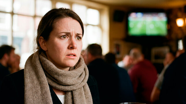 Worried female soccer supporter wearing a scarf while watching a match in a busy pub