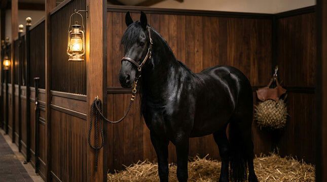 Majestic Black Friesian Stallion Standing Proudly in a Rustic Stable with Warm Lantern Light