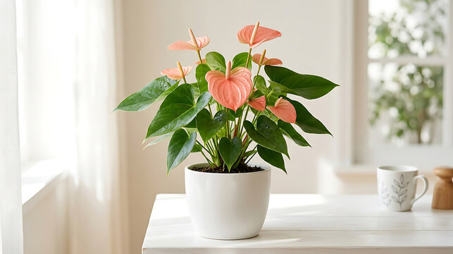 Pink anthurium flower plant in white pot on modern kitchen counter near window with anthurium houseplant decorative botanical greenery interior tropical blooming refreshing peaceful domestic