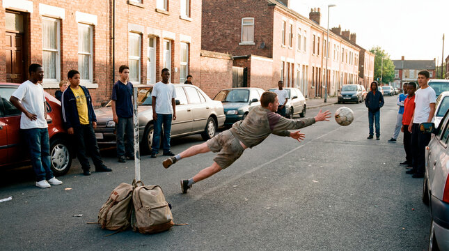 Young men playing street soccer with a diving goalkeeper and backpack goals on a road