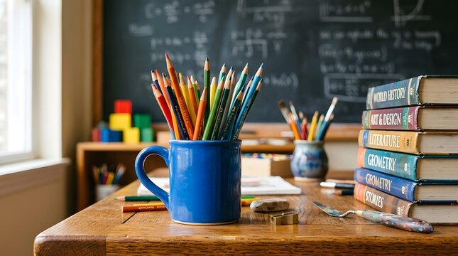 Stack of textbooks and colored pencils in a blue mug on a classroom desk