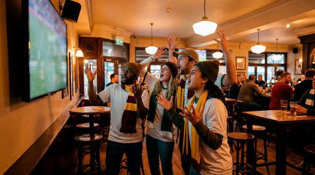 Excited soccer fans with scarves cheering at a wall television in a traditional pub