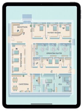 A top down pixel art illustration of a hospital layout shown on a tablet screen, featuring patient rooms, nurse station, and waiting area with soft blue and beige color tones.