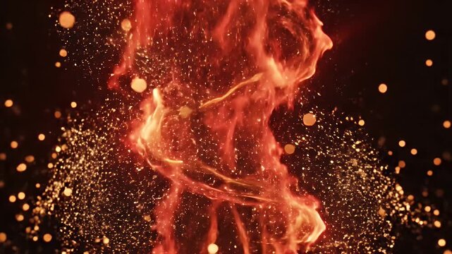 A mesmerizing vortex of vibrant red flames dances against a dark background, illuminated by scattered golden sparks.