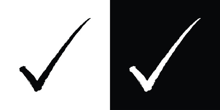 Simple standalone check mark symbol, isolated in bold black on a white background and white on a black background.