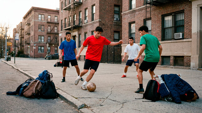 Young men in colorful jerseys playing competitive street soccer in an urban neighborhood