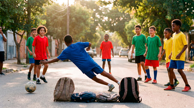 Boys playing street soccer with a diving goalkeeper and backpack goals at golden hour