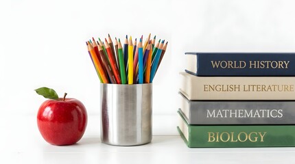 Naklejka premium School supplies with apple and textbooks isolated on white background