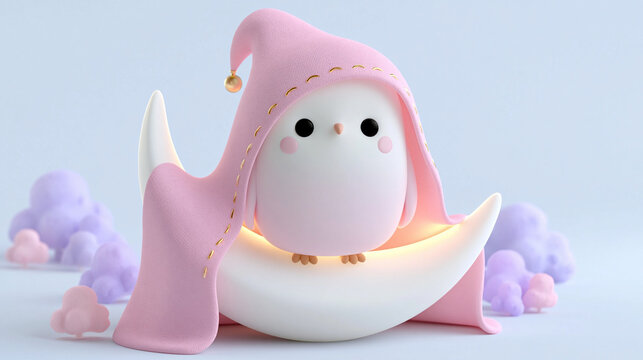Adorable cartoon bird in a pink hooded cloak resting on a charming crescent moon.