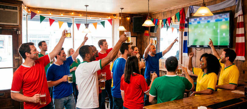 Large crowd of diverse soccer fans celebrating with beers and bunting in a packed bar