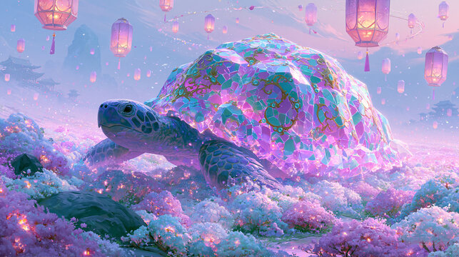 A magnificent turtle adorned with colorful crystals in a dreamy landscape.