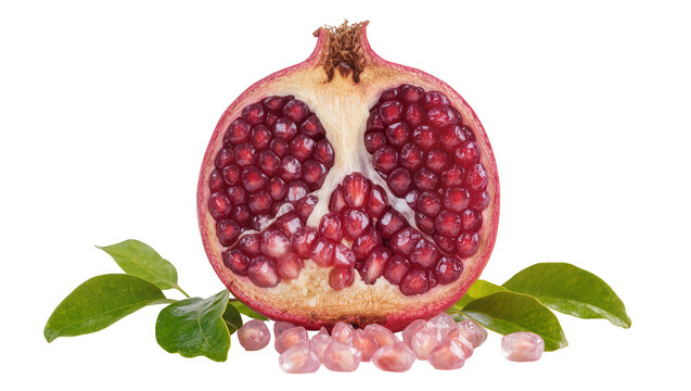 Half pomegranate with arils and leaves