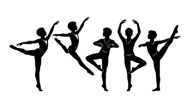 Ballet dancers leap and balance in a studio background.