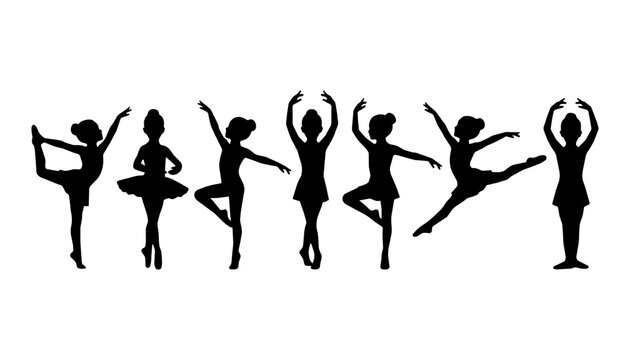 Ballet dancers strike varied poses on a studio background. Silhouetted figures form arabesques and plies conveying graceful energy.
