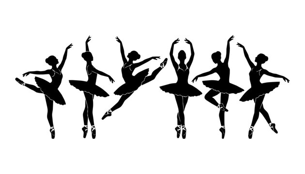Ballet dancers performing jumps and arabesques in a studio background.