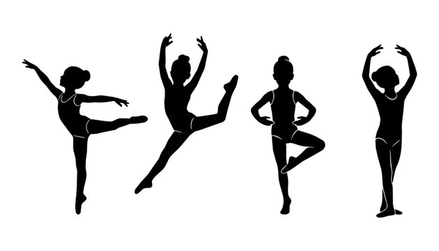 Four ballet dancers leap and balance against a studio background in high contrast silhouettes with dramatic lighting.