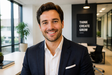 Fototapeta premium A smiling man in a suit is posing indoors in a modern office setting with large windows and a motivational sign.