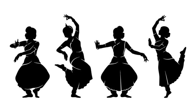 Classical dancers perform mudra poses on studio background.