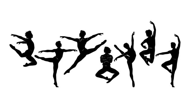 Group of man ballet dancers performing leaps on a studio background.