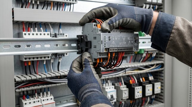 Electrician working on a control panel with wires and circuit breakers, industrial automation and electrical maintenance macro close-up, technology detail, industrial background