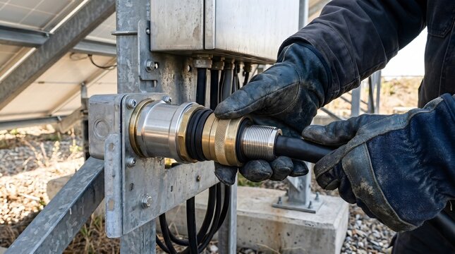 Technician connecting electrical cable to solar panel power box for green energy project macro close-up, technology detail, industrial background