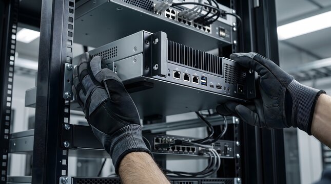 IT technician installing server rack hardware, data center maintenance and network infrastructure macro close-up, technology detail, industrial background