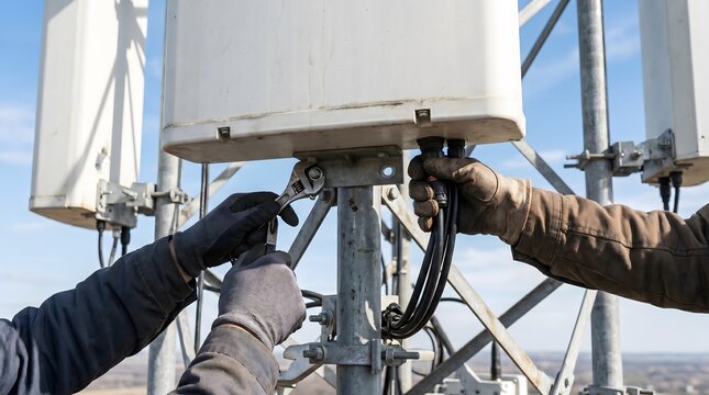 Close up of two technicians working on a cellular tower, installing telecommunication equipment, skilled worker and infrastructure macro close-up, technology detail, industrial background