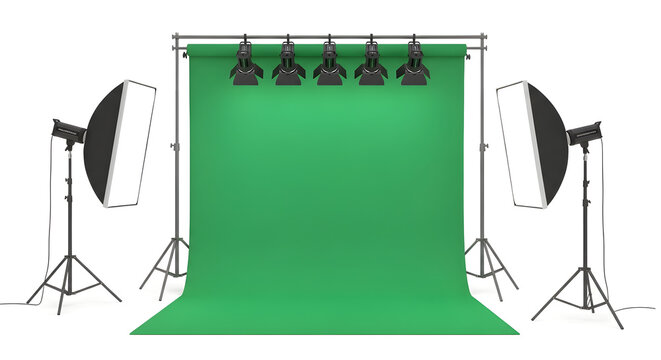 Photography studio setup with softbox lights and green screen backdrop