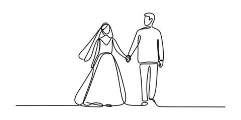 Continuous single line drawing of a bride and groom holding hands as a newlywed couple Vector, illustration © Nippon_Art Gallery
