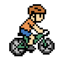 Fototapeta premium Retro 8-bit pixel art cyclist riding a bike, old school gaming style vector graphic.