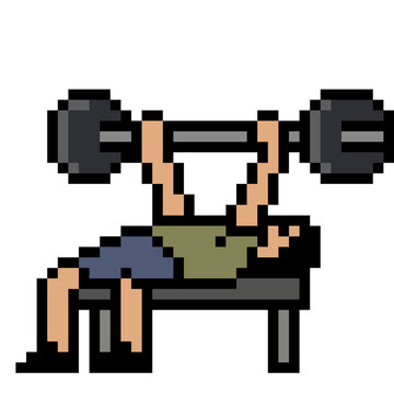 Pixel art of a man doing bench press workout in the gym 