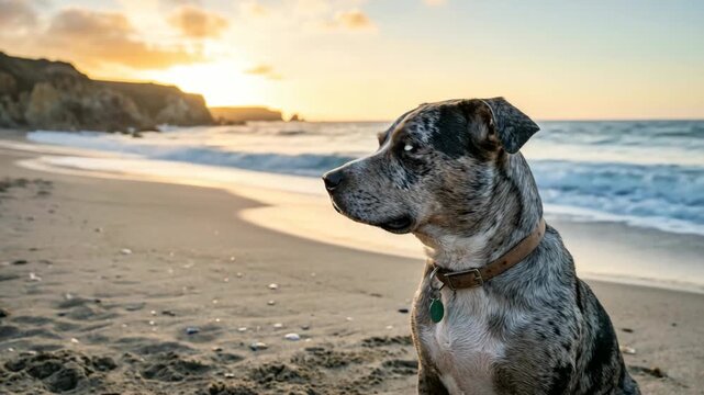 catahoula bulldog at the beach close up at golden light in grand isle louisiana