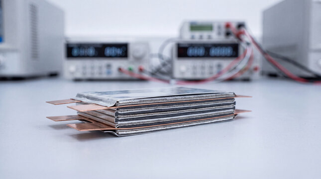Macro of a next generation solid state battery cell on a laboratory bench