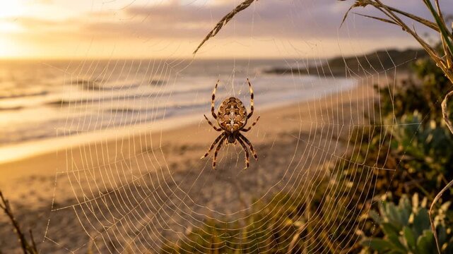 cat faced spider on net at the beach close up at golden light in florida everglades usa