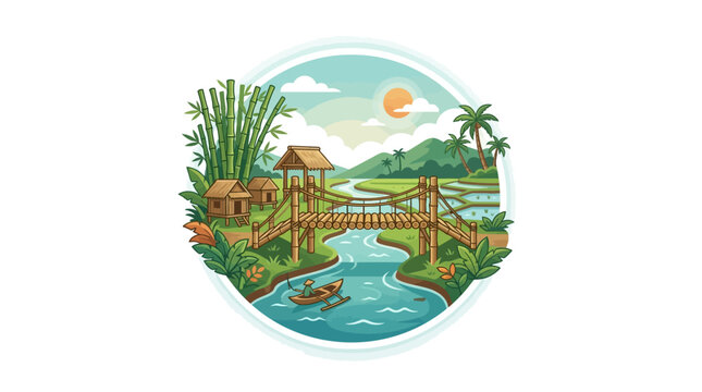Circular emblem of Indonesian rural landscape with bamboo bridge.