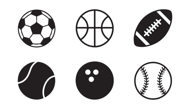 Collection of black icons representing different sport balls isolated on a grey transparent grid layout.