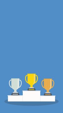 Podium winners. Gold, silver and bronze cups on podium. 4K video animation.