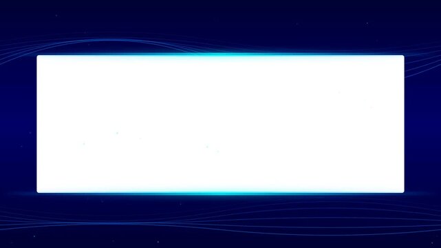 Modern digital presentation template with central white glowing frame over dark blue wave background for corporate branding.