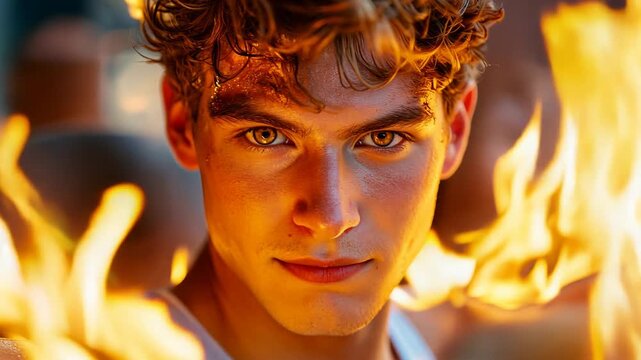 Intense gaze amidst flames: young man with fiery surroundings