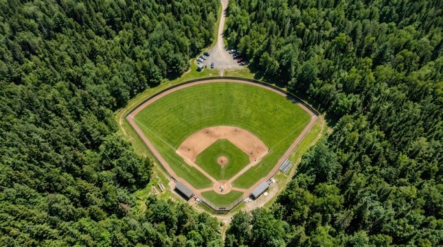 Aerial view of baseball field surrounded by forest